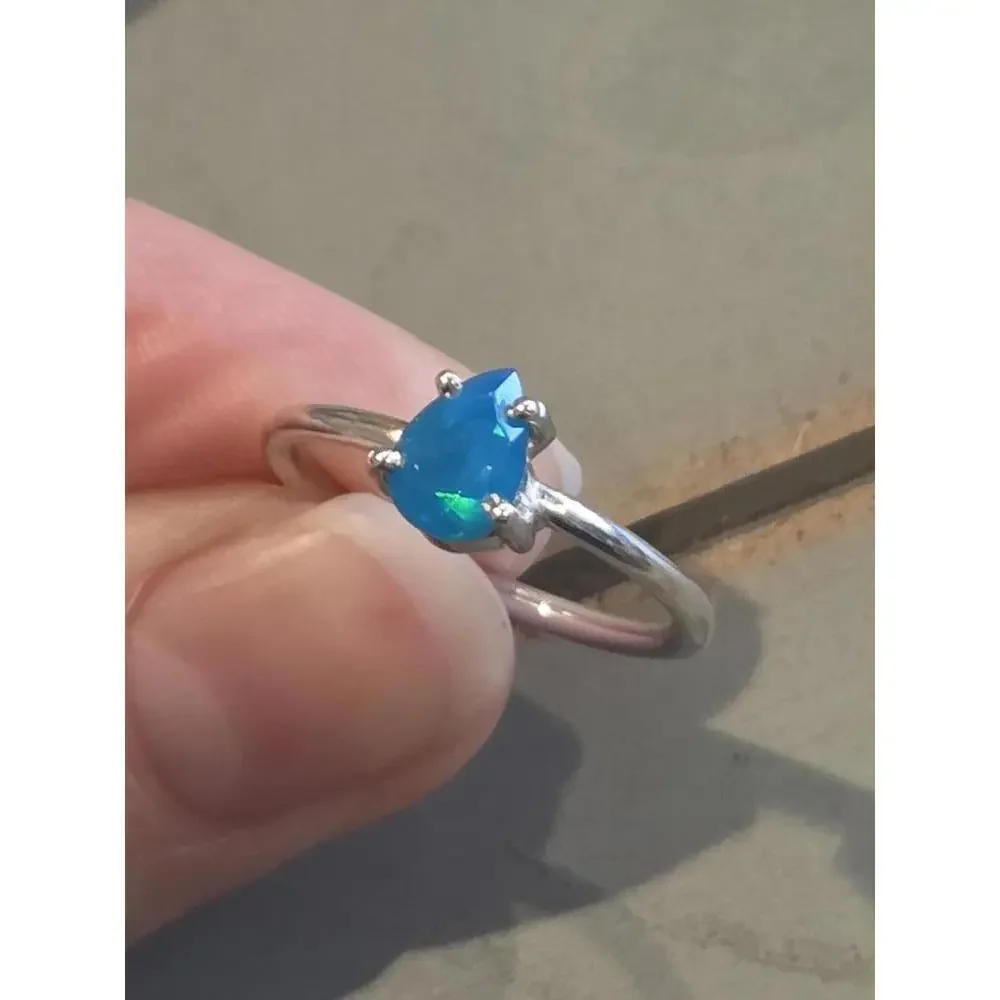 Sterling Silver Ring with Blue Opal Teardrop Stone